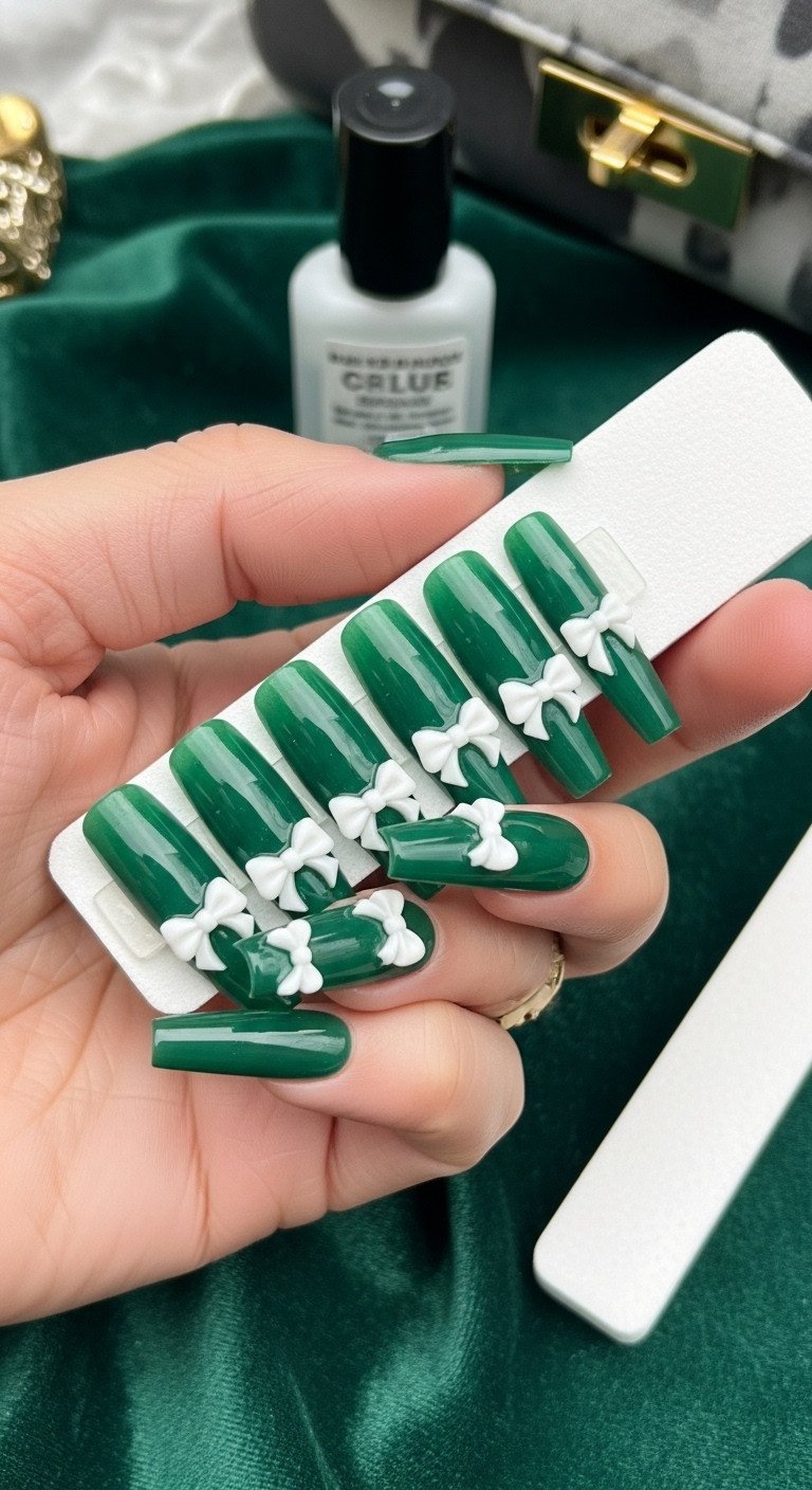 Long coffin emerald green press-on nails with intricate pre-sculpted white 3D bows, luxury artificial nail set.