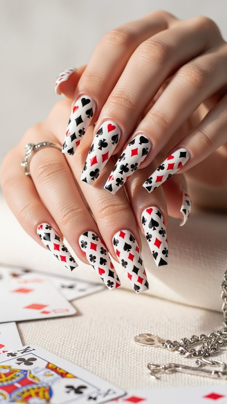 Long coffin nails, playing card suit nail art. White base, black & red hearts, diamonds, clubs, spades. Intricate.