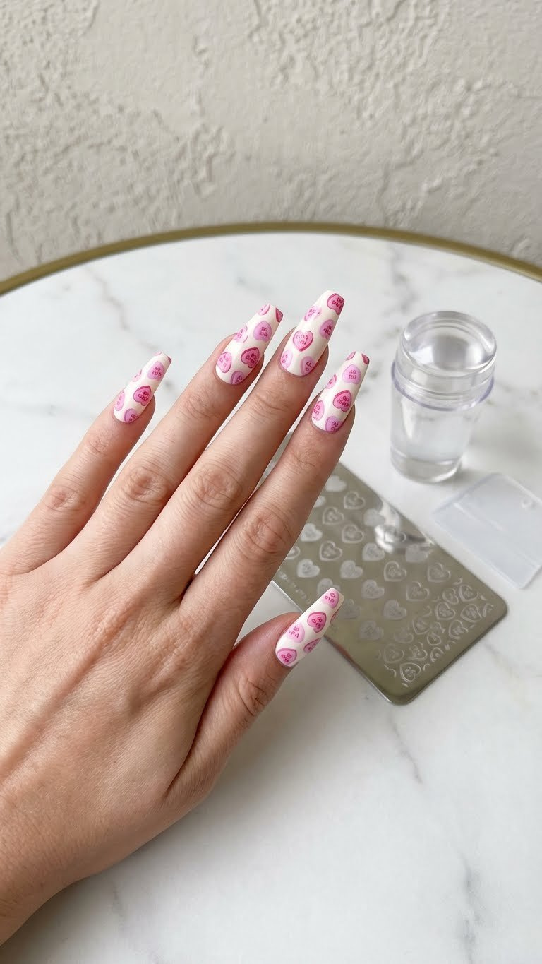 Long coffin nails with vibrant stamped candy heart patterns. Nail stamping tools on marble countertop with elegant lighting.