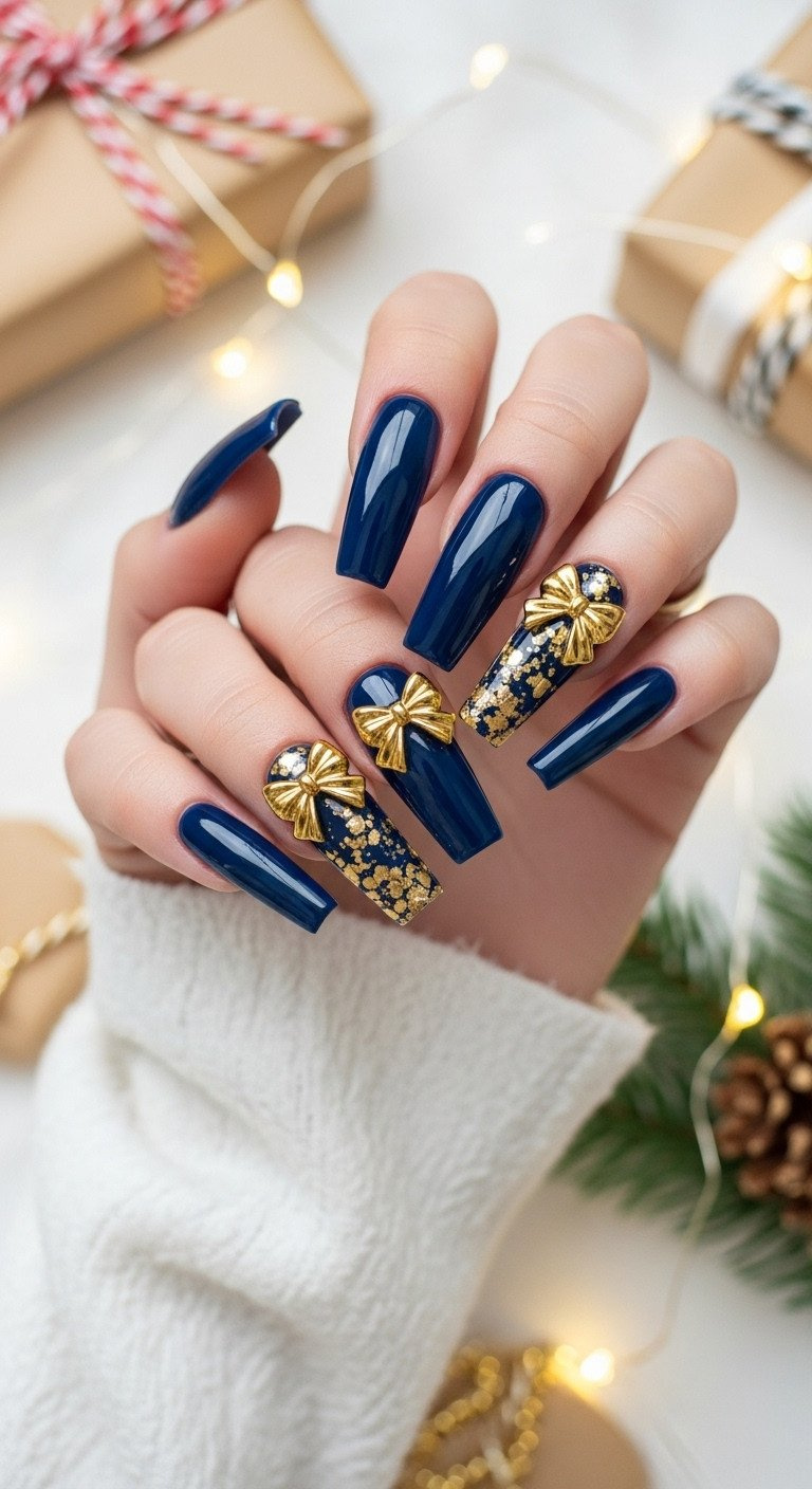 Long coffin navy nails with elegant gold foil bows and glitter accents; luxurious holiday nail art on white velvet.