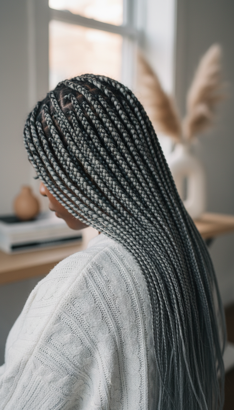 Long, cool-toned ash blonde knotless box braids cascading over one shoulder, highlighting the clean base in a soft interior.