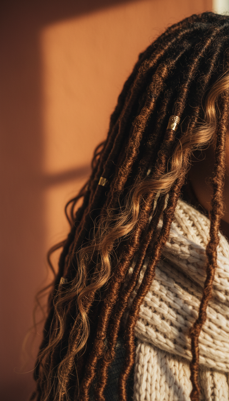 Long, distressed Faux Locs (Goddess Locs) with boho loose ends. Chunky knit scarf, warm golden light. Natural texture.