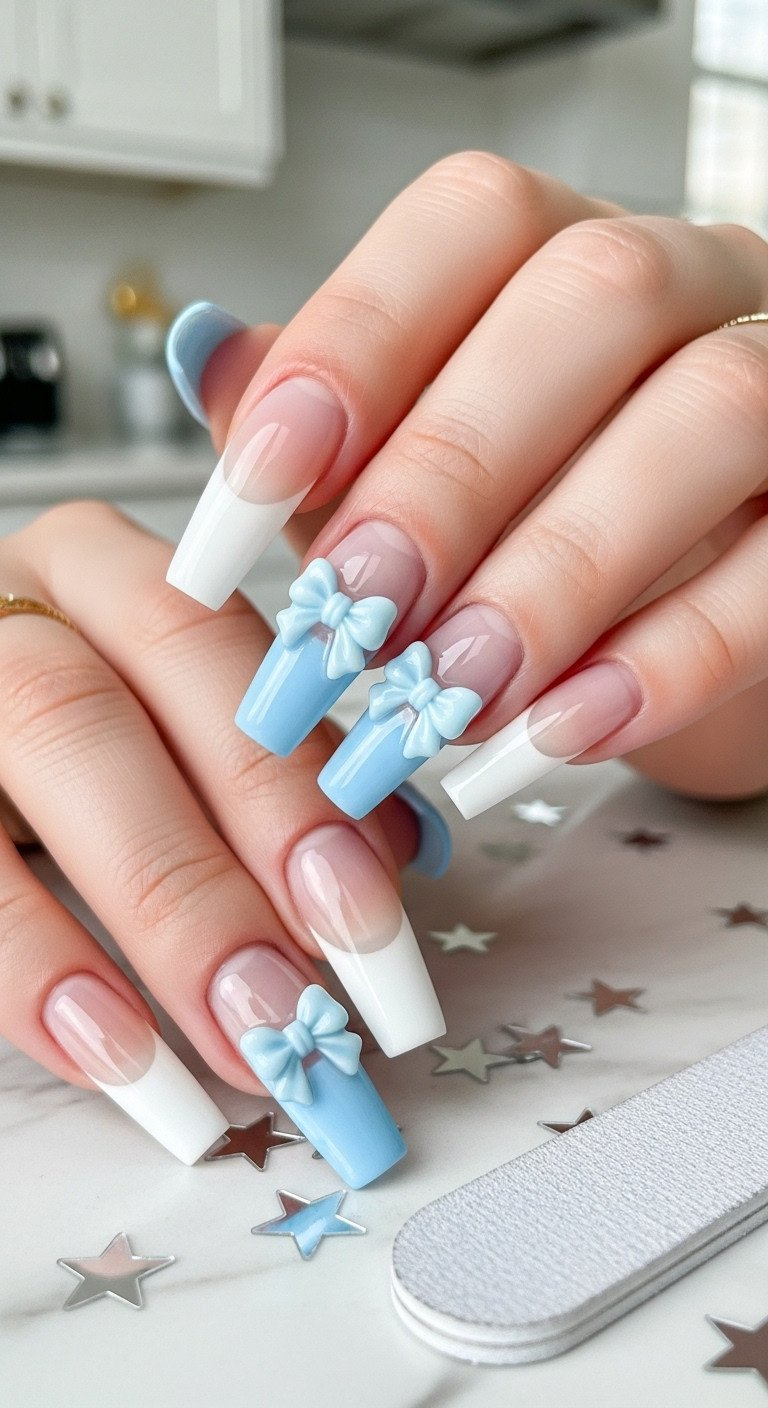 Long filed nails with Babyboomer ombre, white tips fading to baby blue base. 3D bow encapsulated in clear gel. Silver confetti.