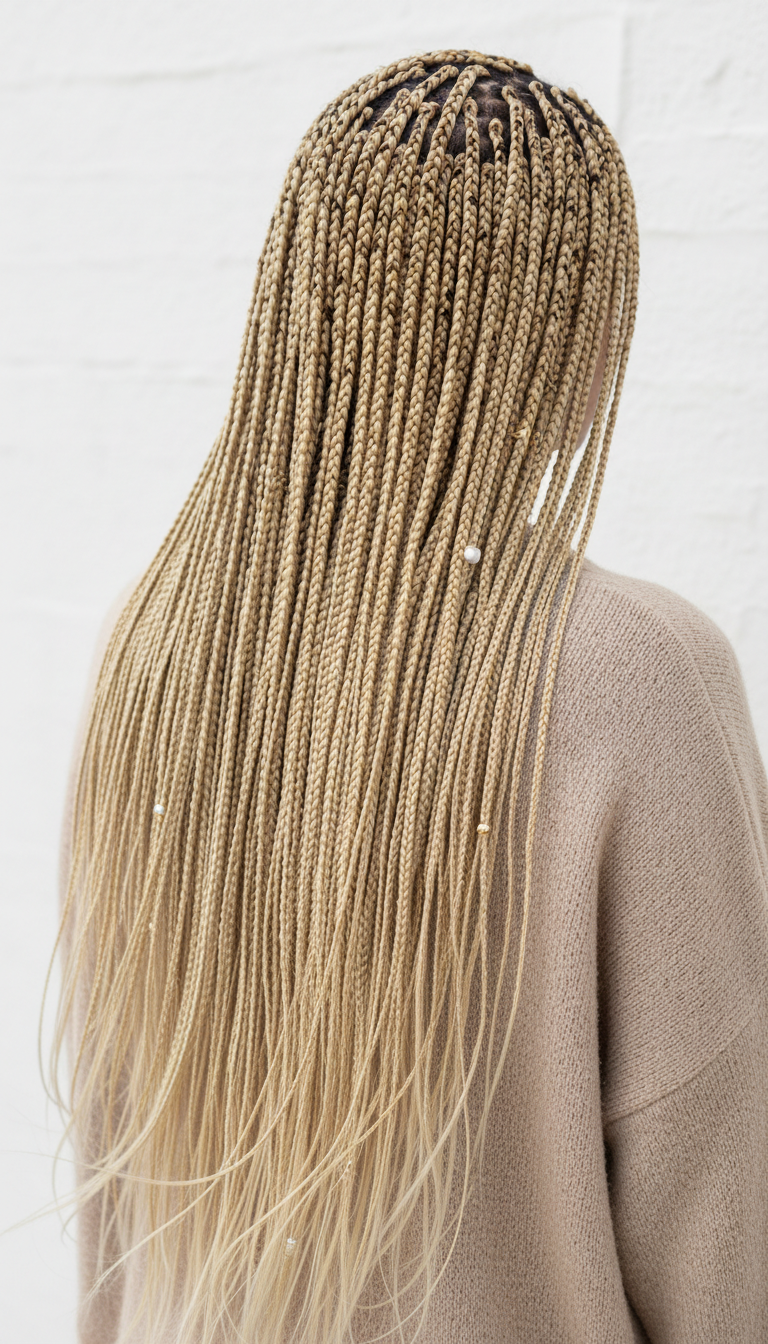 Long, flowing 613 platinum blonde micro braids with volume, cascading over a beige sweater and jewelry.