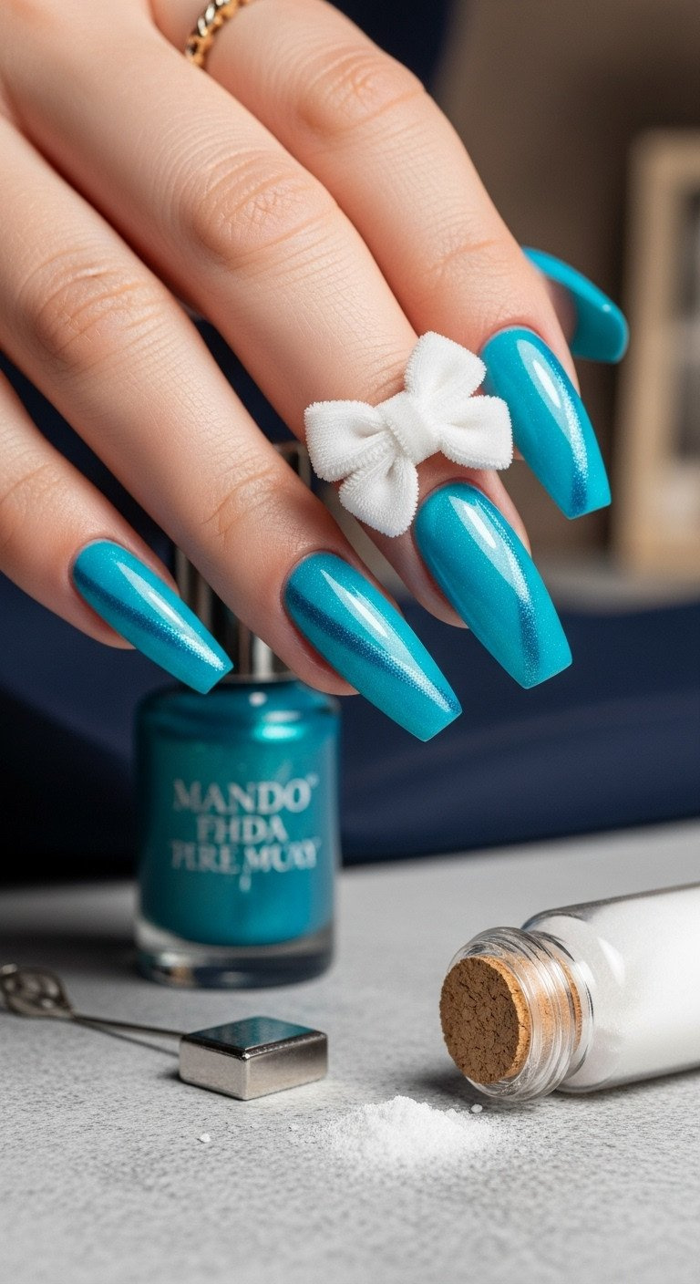 Long light blue cat-eye nails with diagonal shimmer. Accent nail has a small white fuzzy velvet flocked bow. Nail art tools shown.