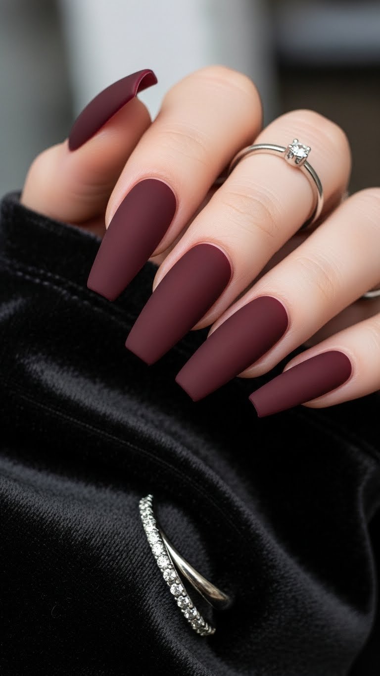 Long matte burgundy coffin nails against black velvet, showcasing sophisticated finish with subtle silver ring jewelry.