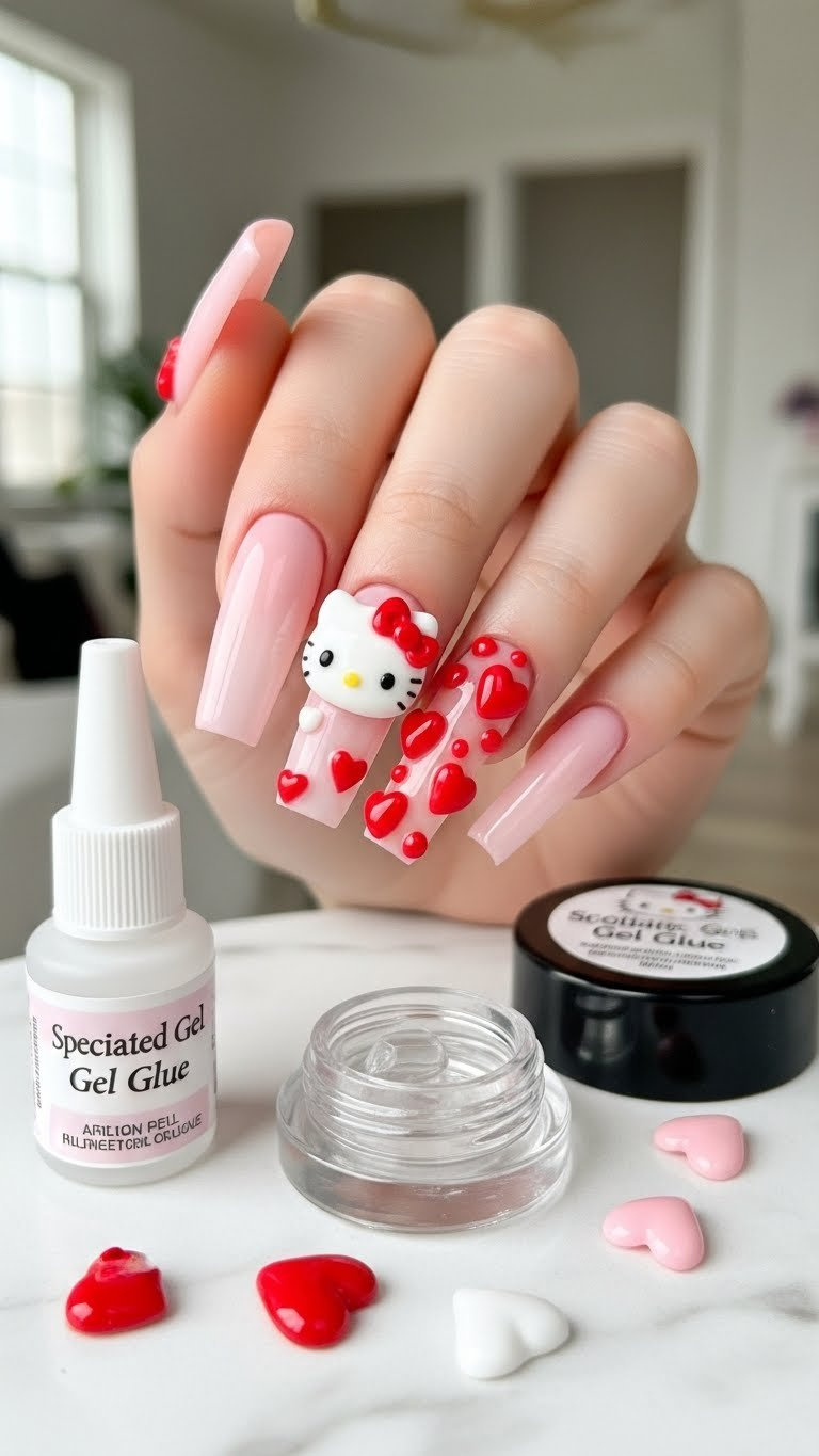 Long milky pink Hello Kitty Valentine nails with white 3D head, red puffy hearts on marble, elegant nail art design.