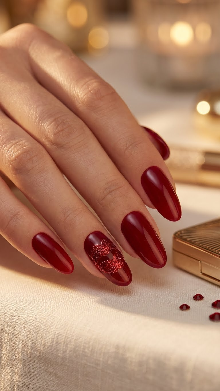Long oval nails, deep cherry base, with a glamorous red glitter lip silhouette accent nail. Red rhinestones and gold prop.