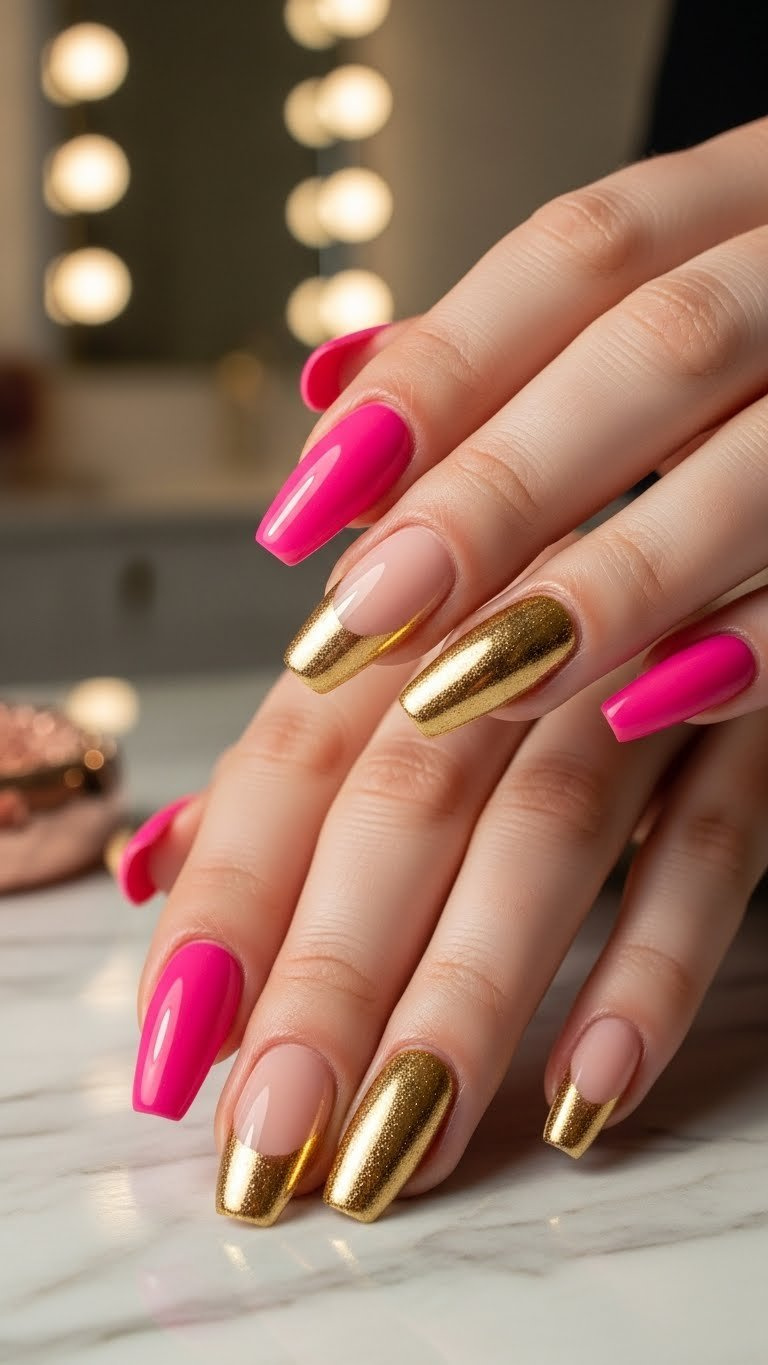 Long oval nails feature vibrant pink base, high-shine gold chrome French tips. Glamorous, elegant metallic nail art on marble.