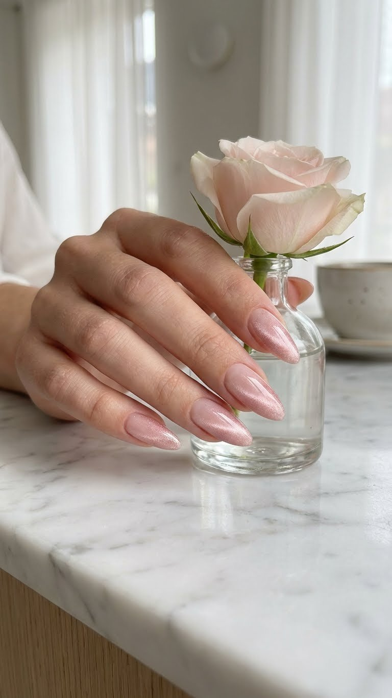 Long oval nails featuring a soft pink gradient cat eye effect, resting on marble with a delicate rose.