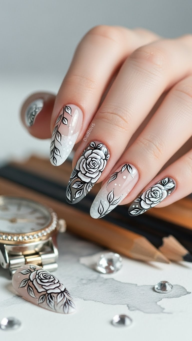 Long oval nails with black & white floral nail art over clear negative space. Accent rose design, elegant fashion manicure.