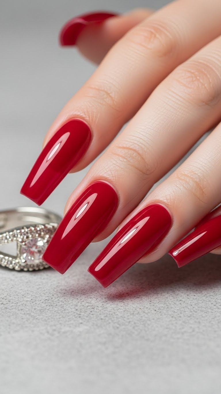 Long ruby red jelly nails with a stained glass effect on cool gray stone, glossy finish, elegant silver ring.