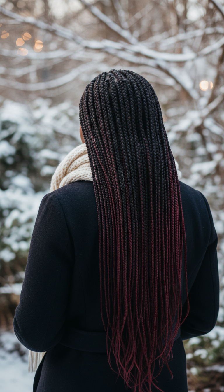 Long, sleek Box Braids, vibrant color accent at ends. Dark winter coat, soft natural light, trendy style.