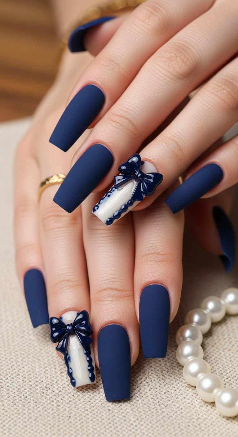 Long, square matte navy blue nails featuring a striking glossy 3D resin bow; elegant contrast nail art with pearl bracelet.