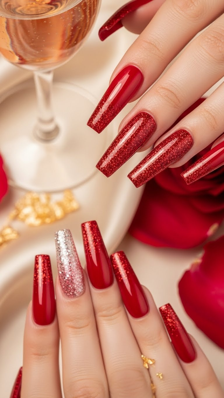 Long stiletto acrylic nails with red glitter ombre tips, shimmering against cream silk, with blurred champagne & rose petals.