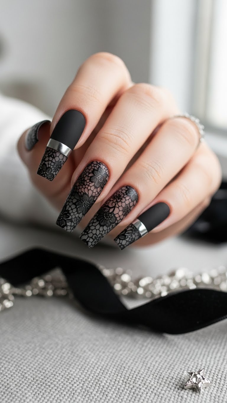 Long stiletto nails with black lace stamping art on dark gray, silver chrome stripe, professional valentine nail design on linen.