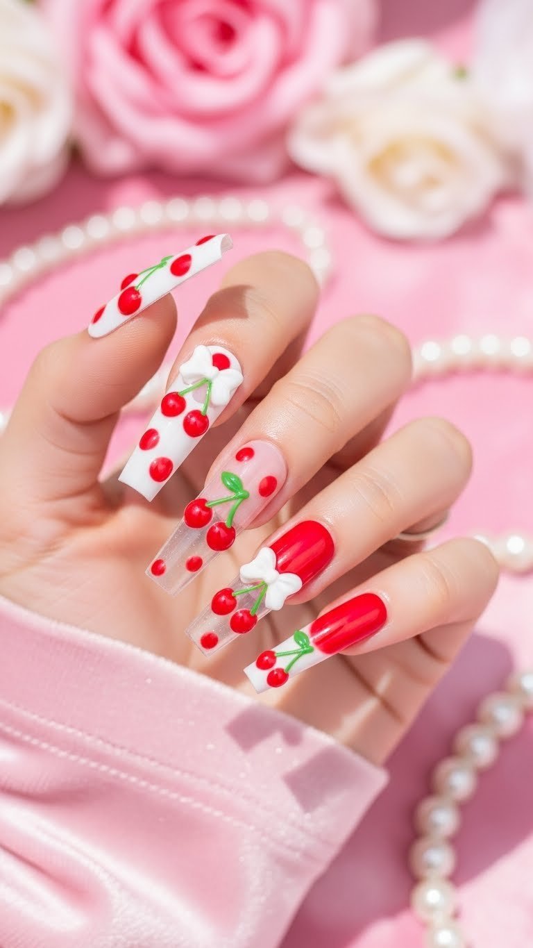 Long stiletto press-on nails featuring vibrant red cherries and 3D white bows, delicate pearl jewelry.