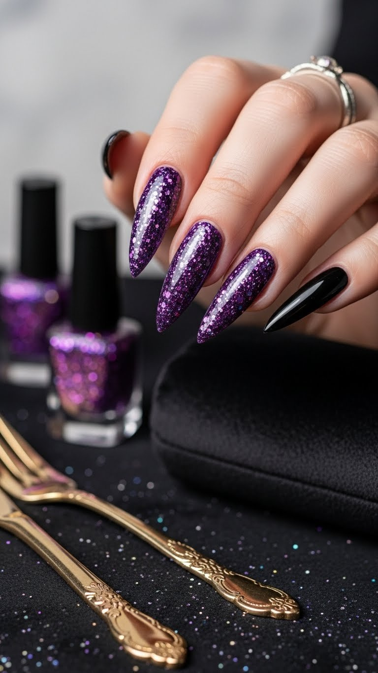 Long stiletto purple glitter bomb nails with iridescent sparkle on black velvet. Festive and glamorous nail art.