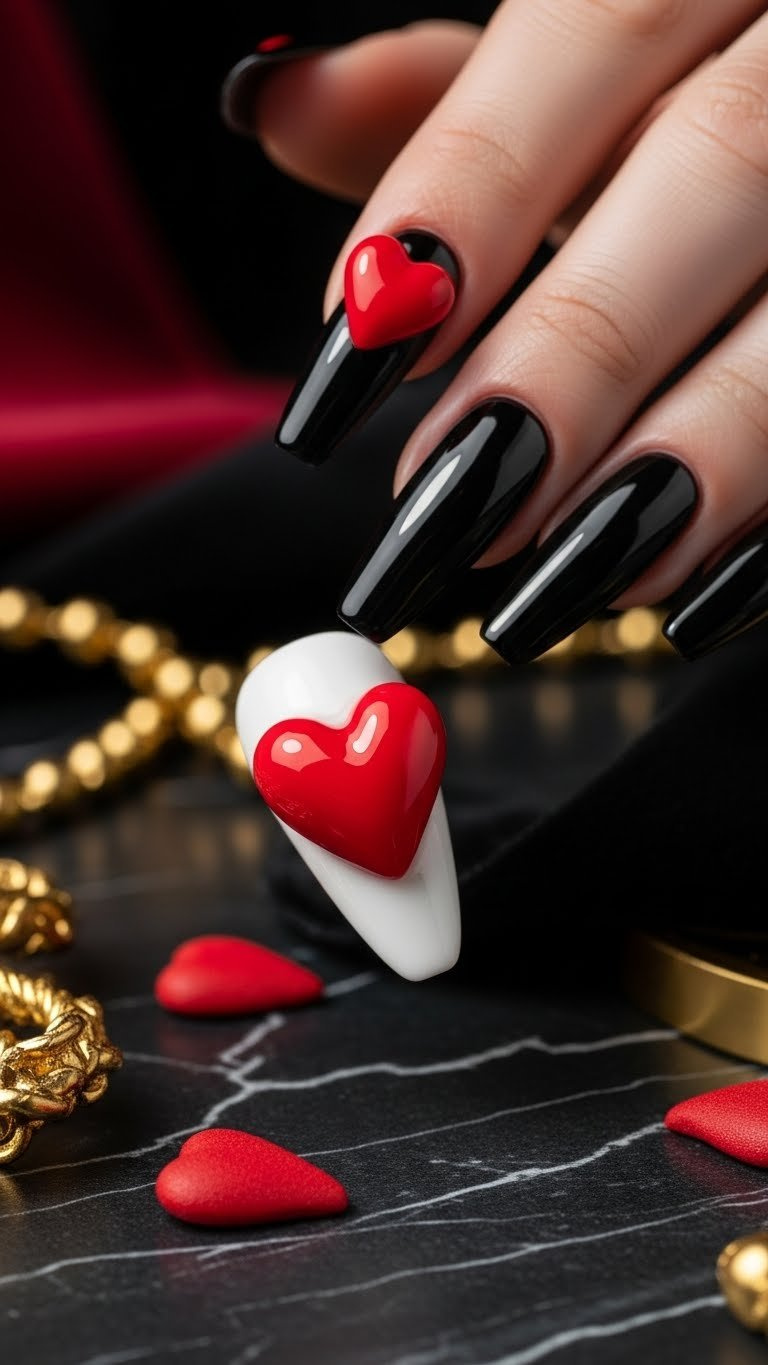 Long white nail with sculpted 3D red heart, black nails. Bold, sophisticated nail art.