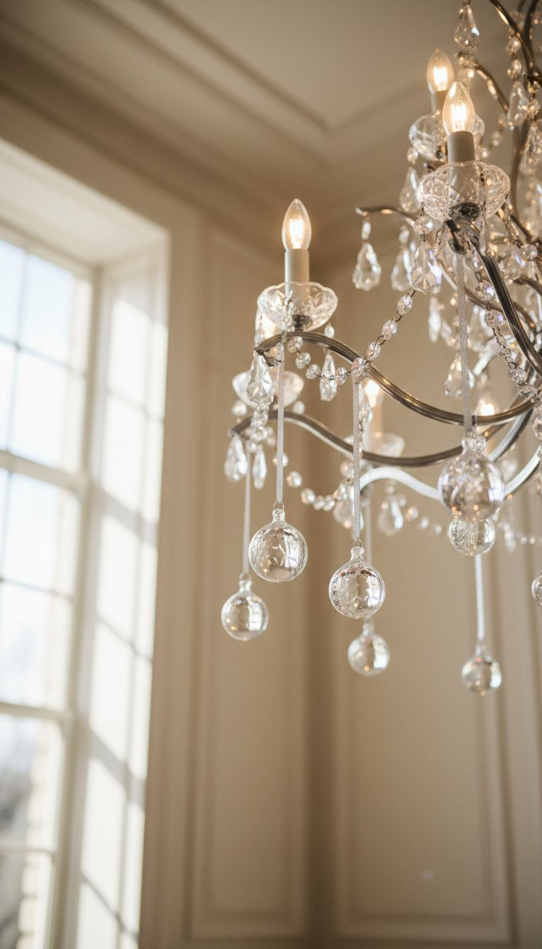 Low-angle view of a crystal chandelier decorated with small silver and mercury glass ornaments hanging from its lighted arms.
