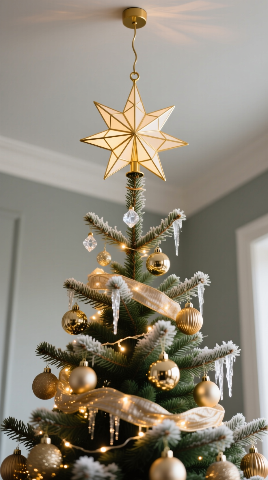 Low-angle view of a lightweight gold Moravian star tree topper being placed on a fully decorated Christmas tree.