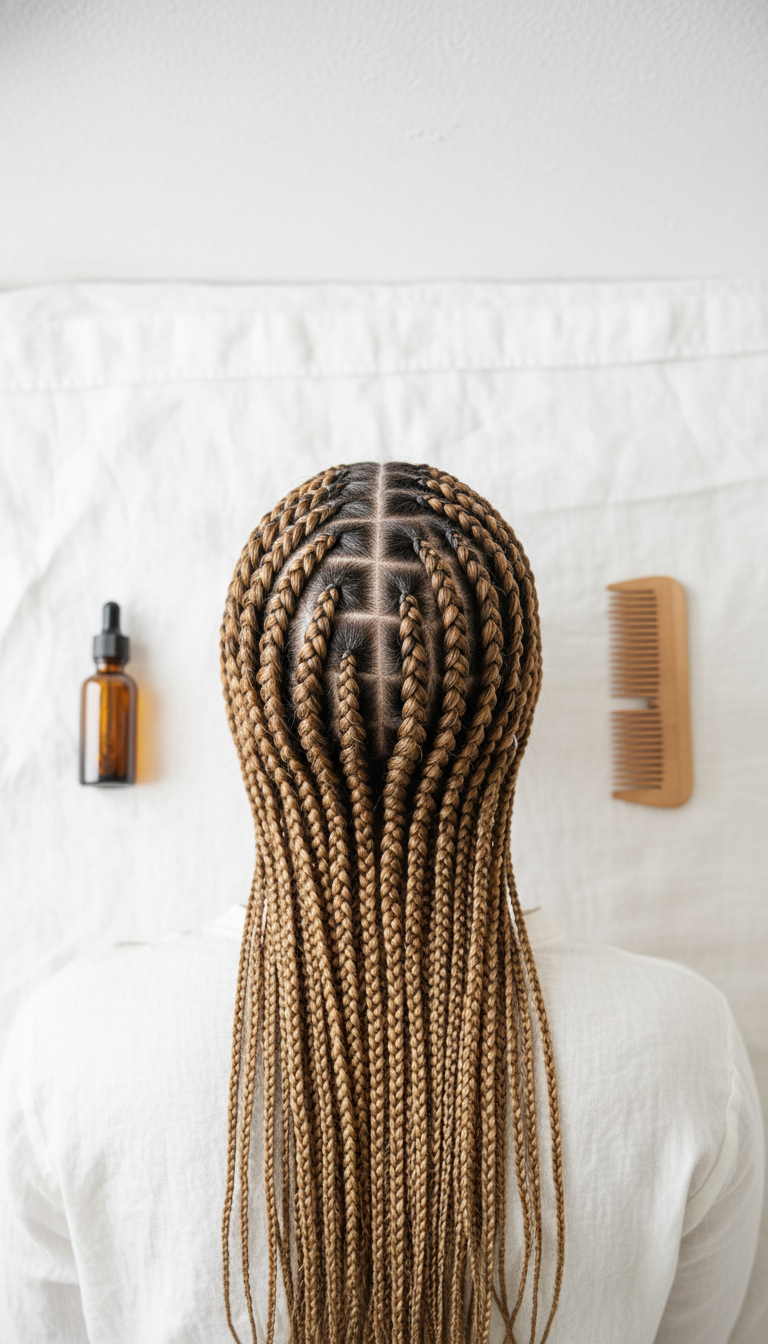 Low-tension individual braids for fine hair, showcasing neat roots & added density. Protective style with hair oil on white linen.