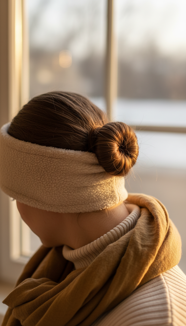 Low twisted buns hidden under a fleece winter headband. Cozy protective hairstyle with a soft linen scarf, warm golden light.