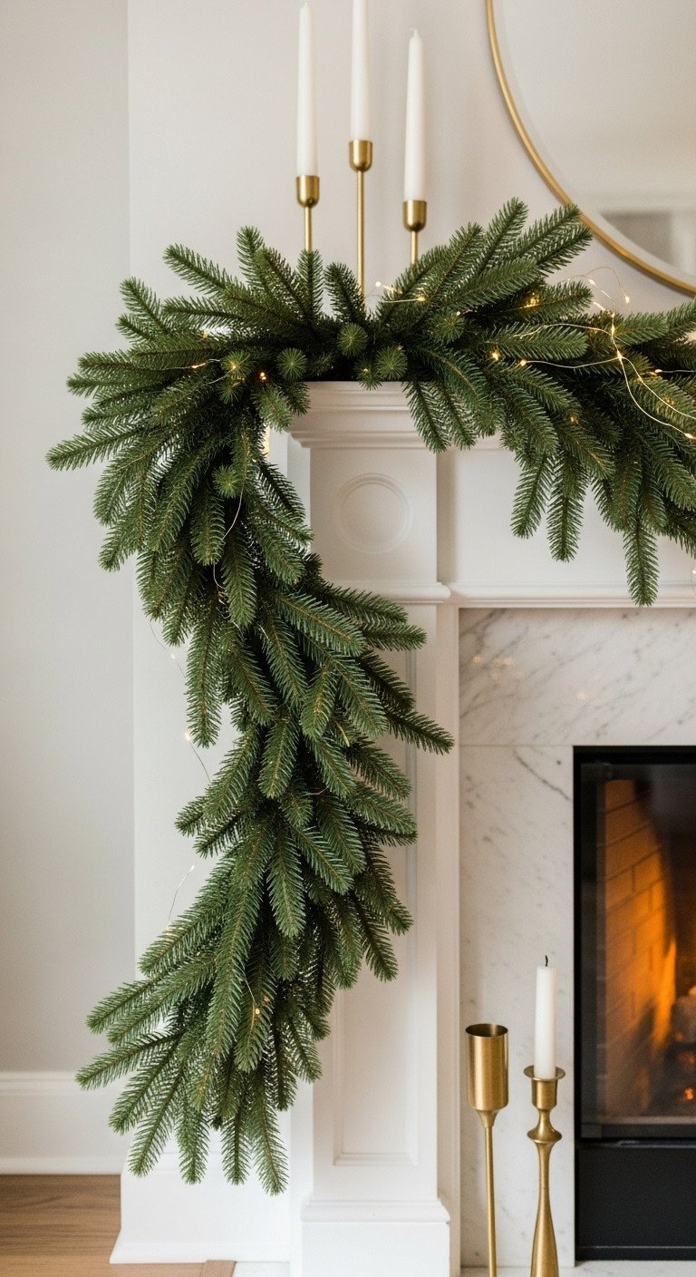 Lush Fraser Fir garland with fairy lights and brass candlesticks draped on a white marble mantel with a fire in the background.