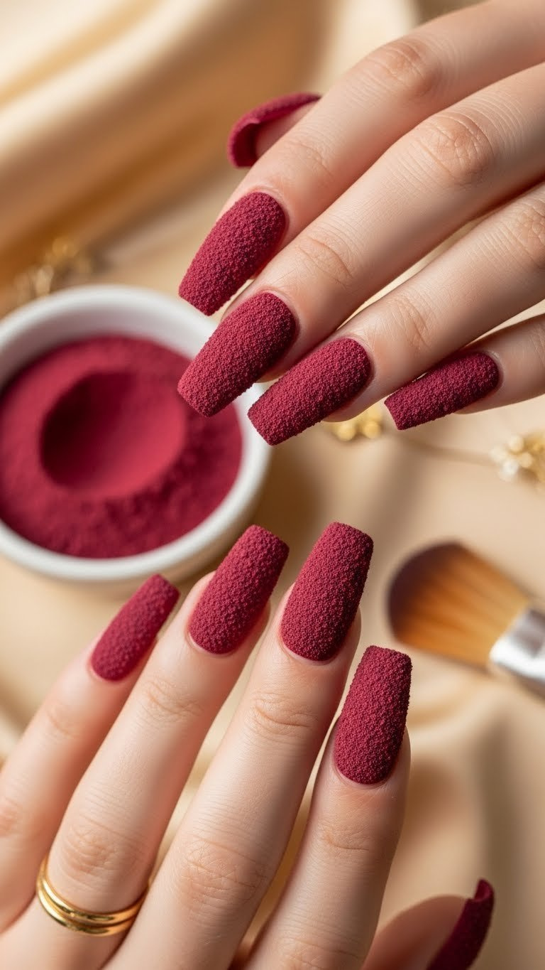 Luxurious Velvet Texture Coffin Nails in deep burgundy, showcasing a rich, fuzzy flocking powder finish. Unique Valentine's nails.