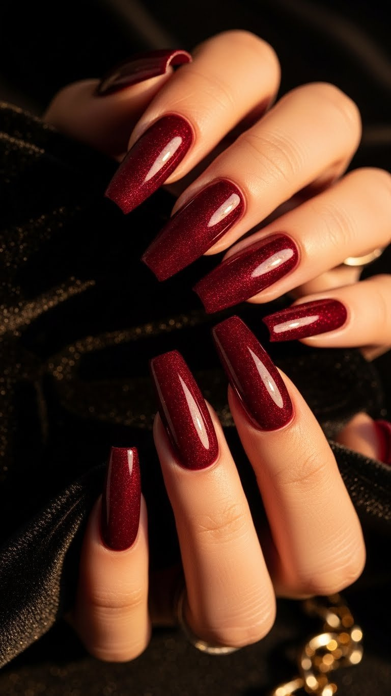 Luxurious coffin-shaped nails with a deep red velvety chrome powder finish, featuring a unique metallic-matte texture.