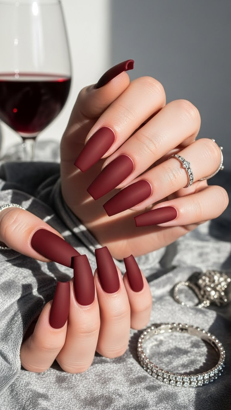 Luxurious dark red matte coffin nails with silver bracelet & red wine glass on gray velvet, elegant Valentine's manicure.