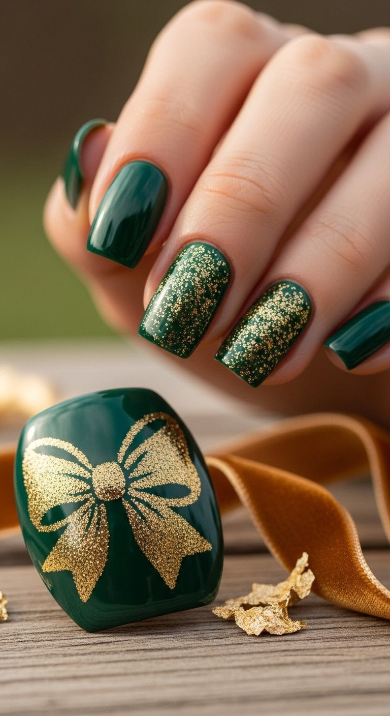 Luxurious deep forest green glossy manicure with sparkling gold glitter bow design. Jewel-tone nail art on rustic wooden table.