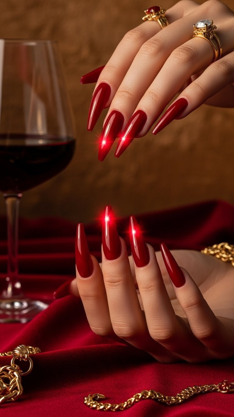 Luxurious deep red aura stiletto nails with vibrant glow, on red velvet, with red wine and gold jewelry. Elegant manicure.