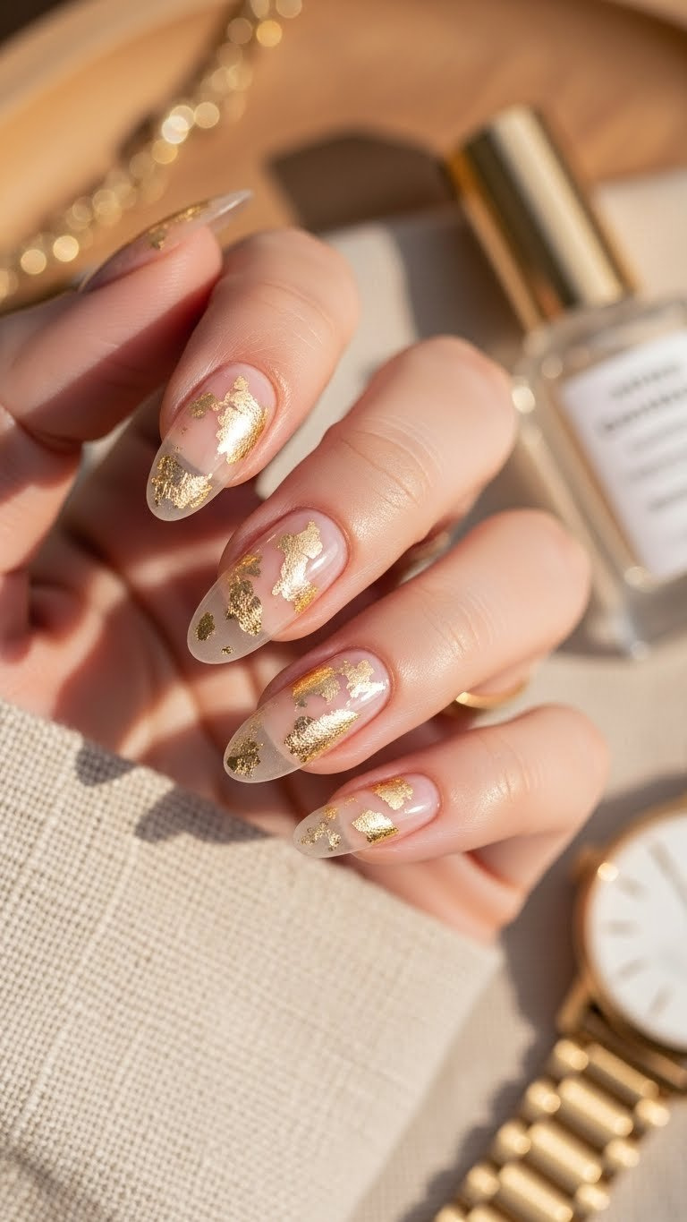 Luxurious long oval nails with a transparent nude base and delicate gold leaf flakes, creating a subtle, elegant shimmer.