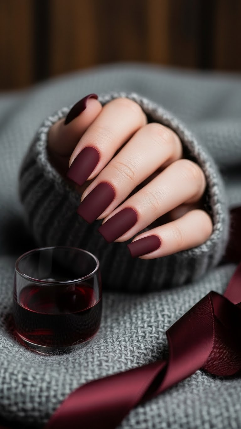 Luxurious matte burgundy nails with a velvety finish on squoval shape. Dark red polish for an elegant, sophisticated look.