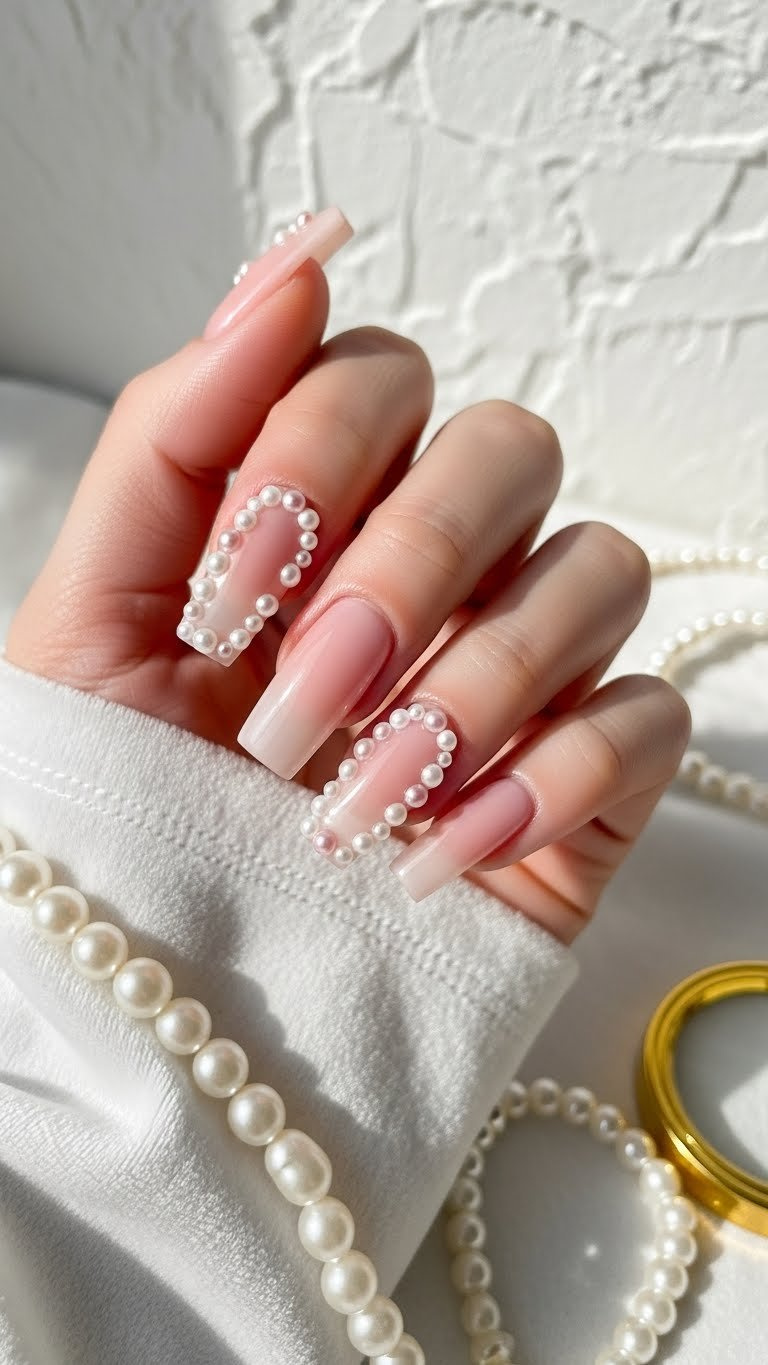 Luxurious medium square blush pink nails with sculptural 3D white and pink pearl embellishments, with pearl jewelry.