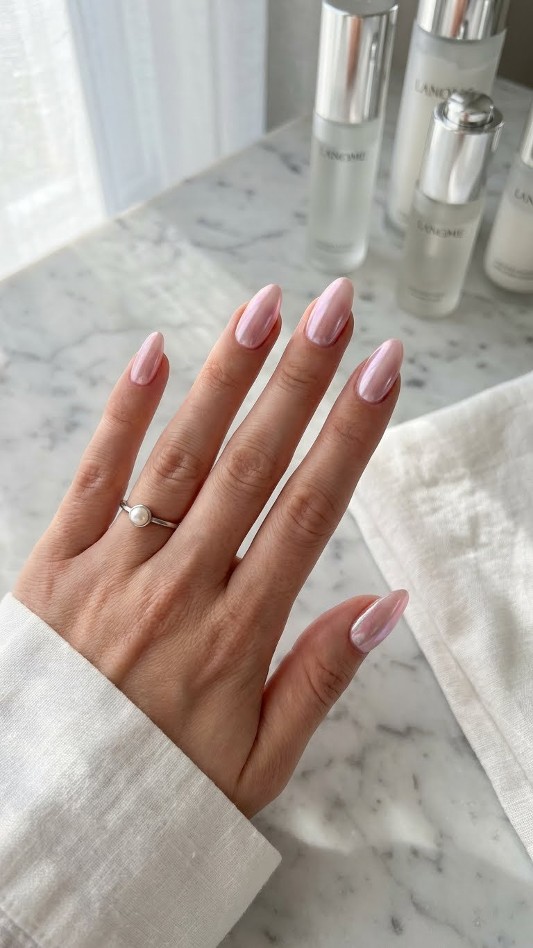 Luxurious pearlescent almond nails with milky pink base & white shell chrome. 'Classy baddie' manicure on marble, blurred skincare background.