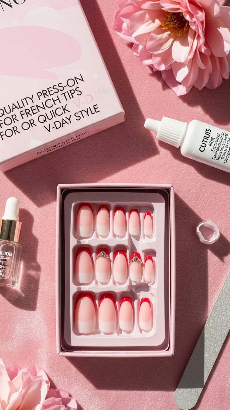 Luxurious pink and red French tip press-on nails kit for quick Valentine's style. Professional, reusable nail art for beauty.