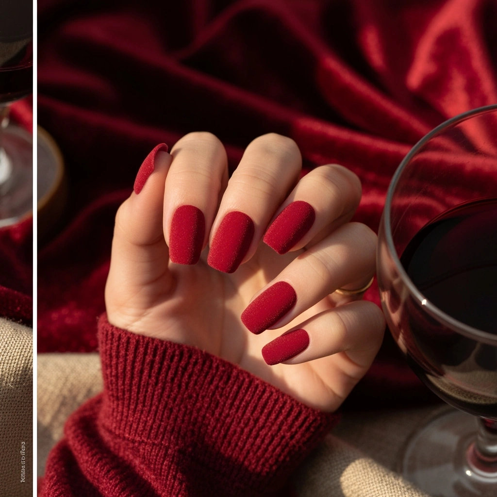 Luxurious red velvet chrome nails with unique matte texture, warm glow, red wine, cashmere sweater.