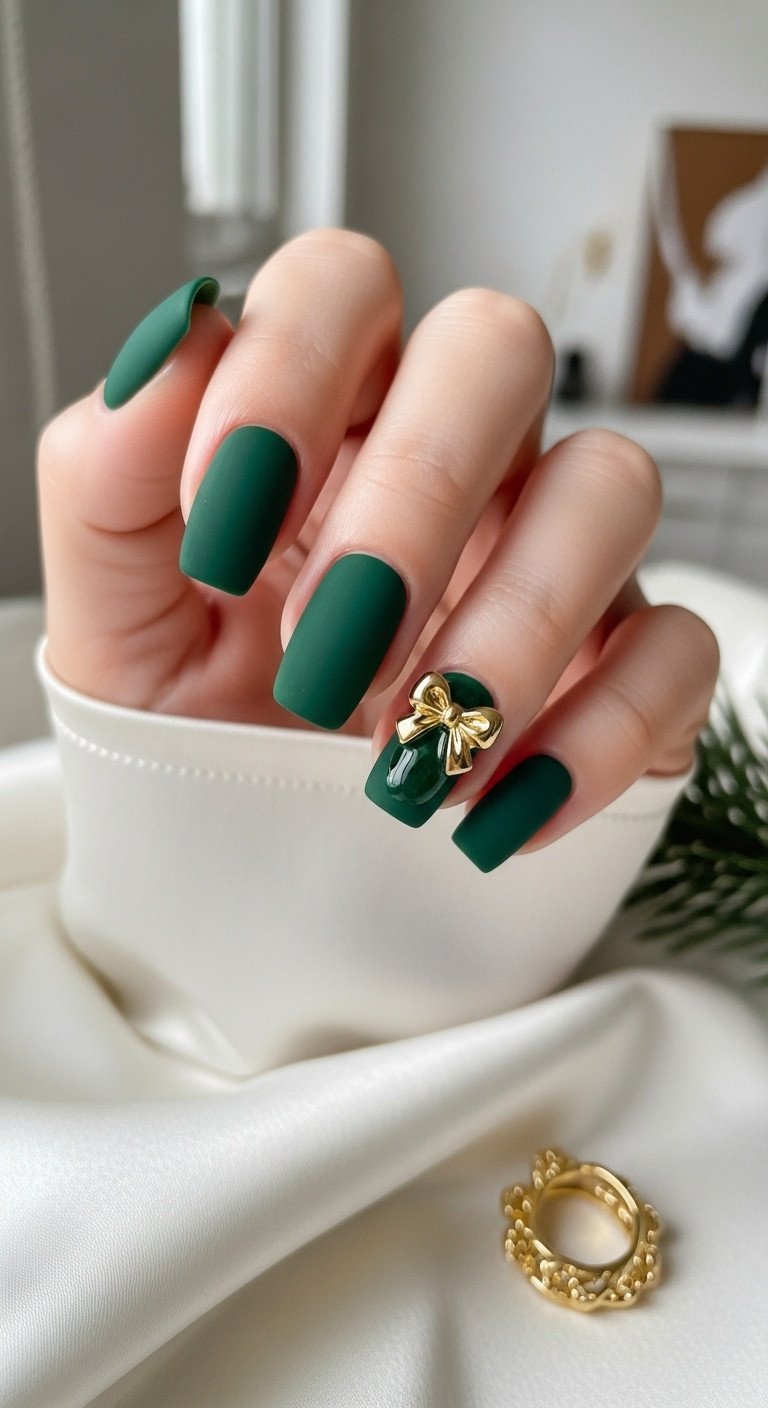 Luxurious velvet matte emerald green nails with a glossy sculpted 3D gold bow charm, perfect elegant holiday manicure.
