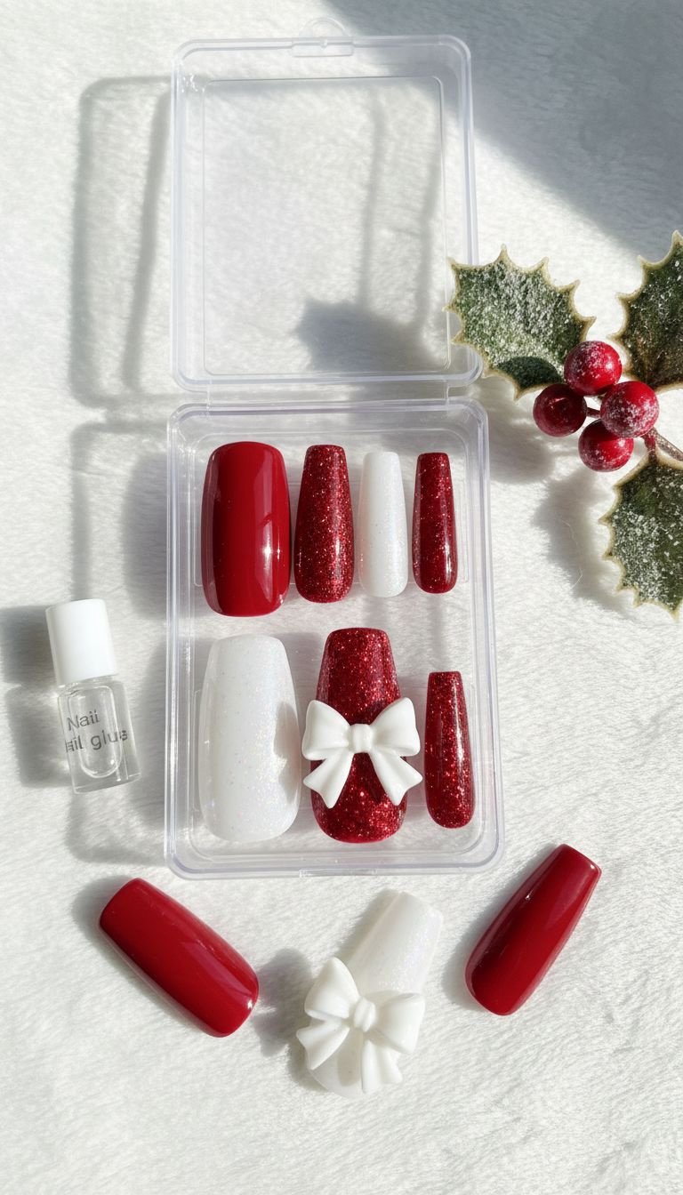 Luxury Christmas press-on coffin nails box with red, glitter, and a 3D white bow design, festive and ready-to-wear.