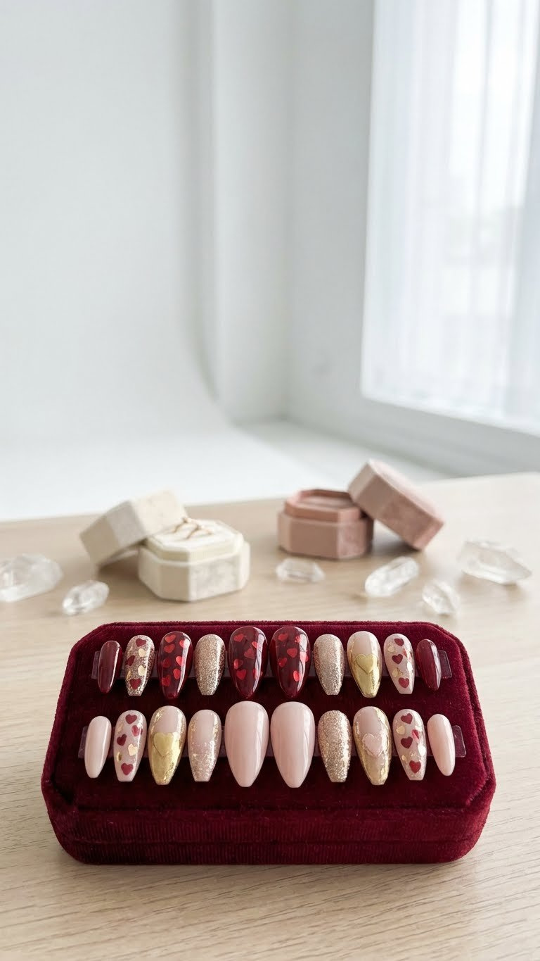 Luxury press-on nails with encapsulated heart sequins and glitter, perfect shape, glossy finish on a velvet display mat.