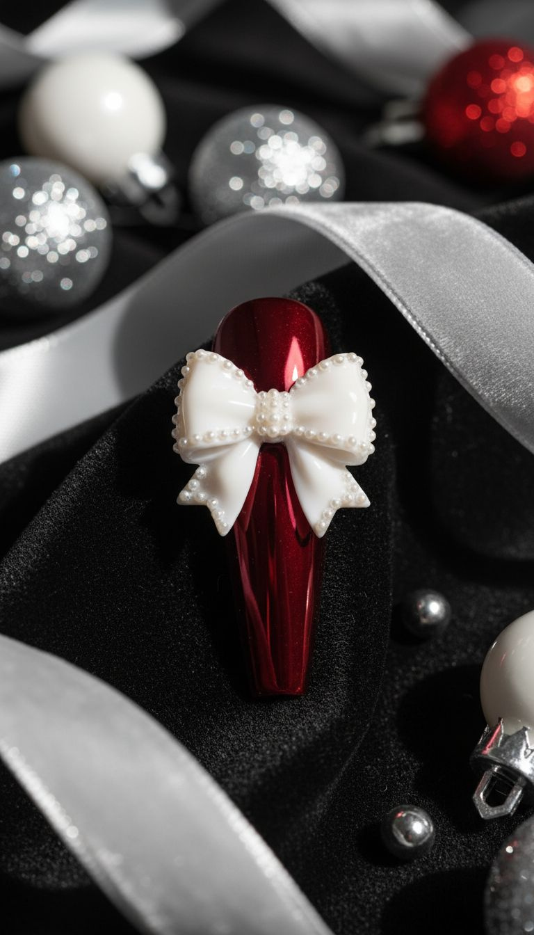 Luxury red chrome coffin press-on nail with a large white 3D pearl bow on black velvet. Elegant holiday nail set with ornaments.