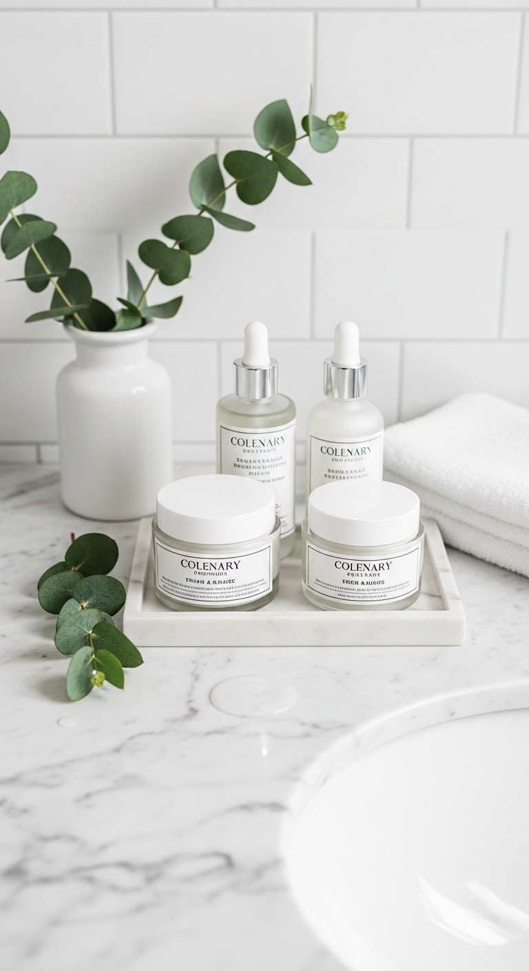 Luxury skincare products in minimalist glass bottles sit on a marble tray on a clean bathroom vanity with eucalyptus leaves.