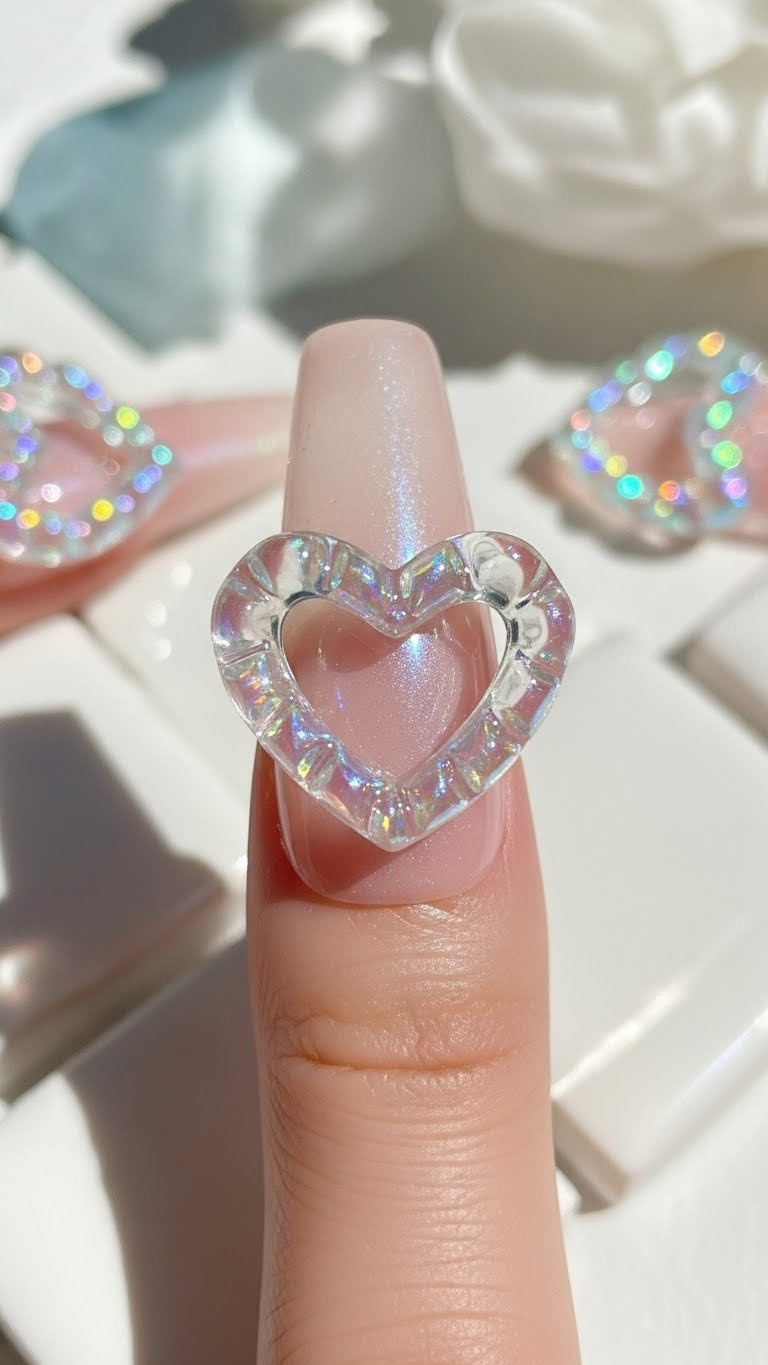 Macro close-up: Dimensional 3D glass heart accent nail, pink holographic shimmer, prismatic rainbow effect on nude base. White ceramic tile.