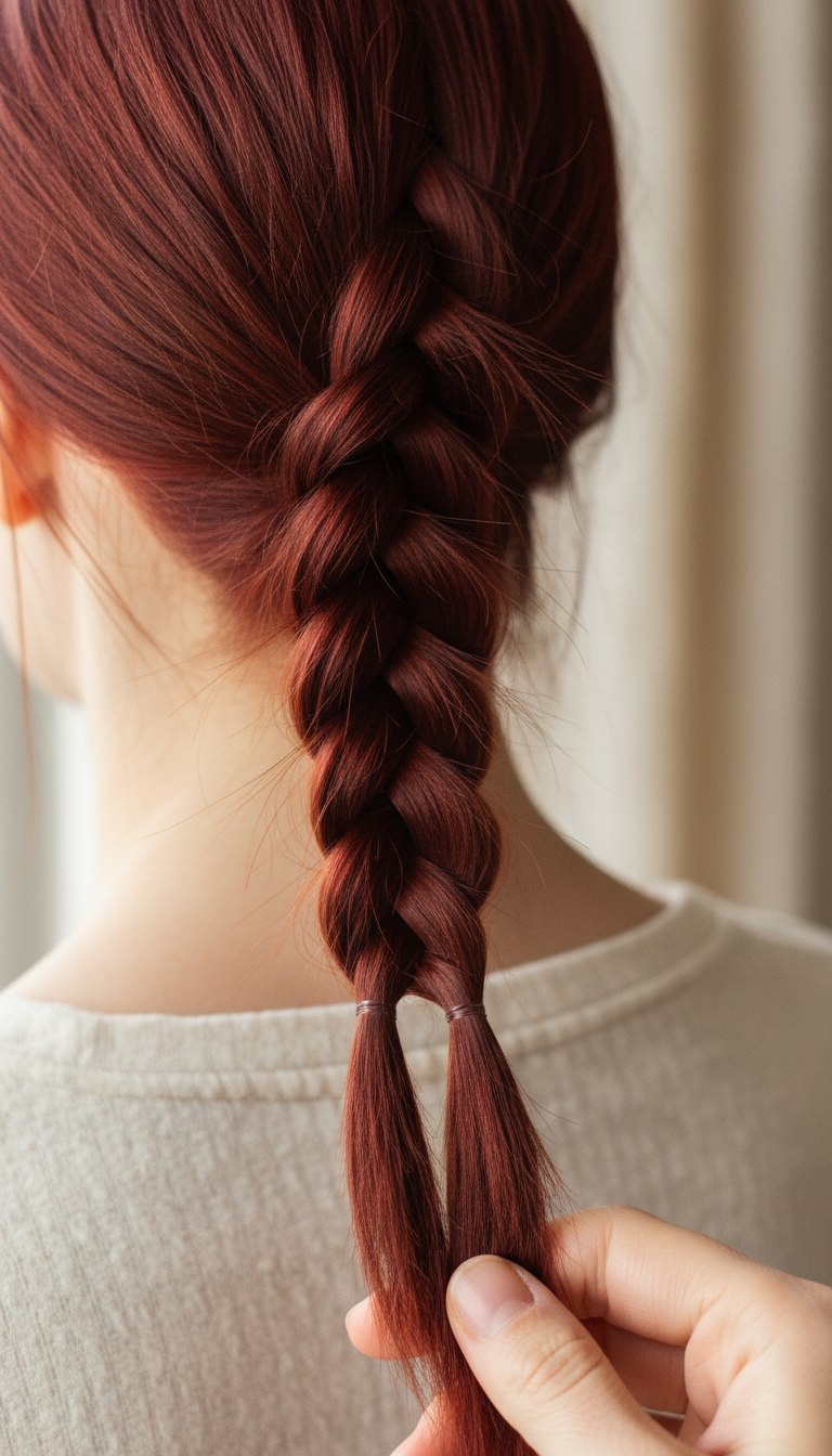 Macro detail of three-strand braid beginning on vibrant red hair, showing intricate weaving and rich texture near scalp.