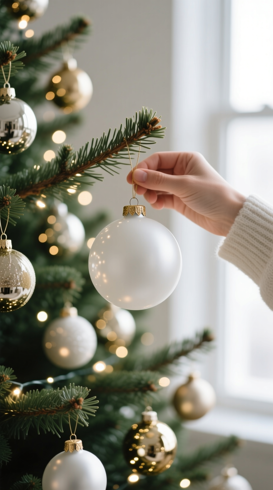 Macro detail shot of a hand placing a large matte white bauble ornament onto a well-decorated Christmas tree branch.