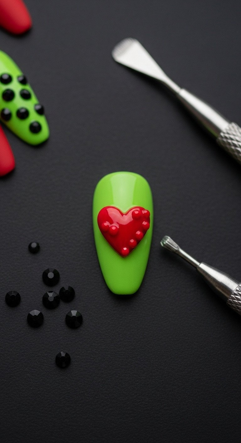 Macro of a raised 3D red heart with high shine on a chartreuse green nail, featuring black rhinestones, Grinch-inspired.