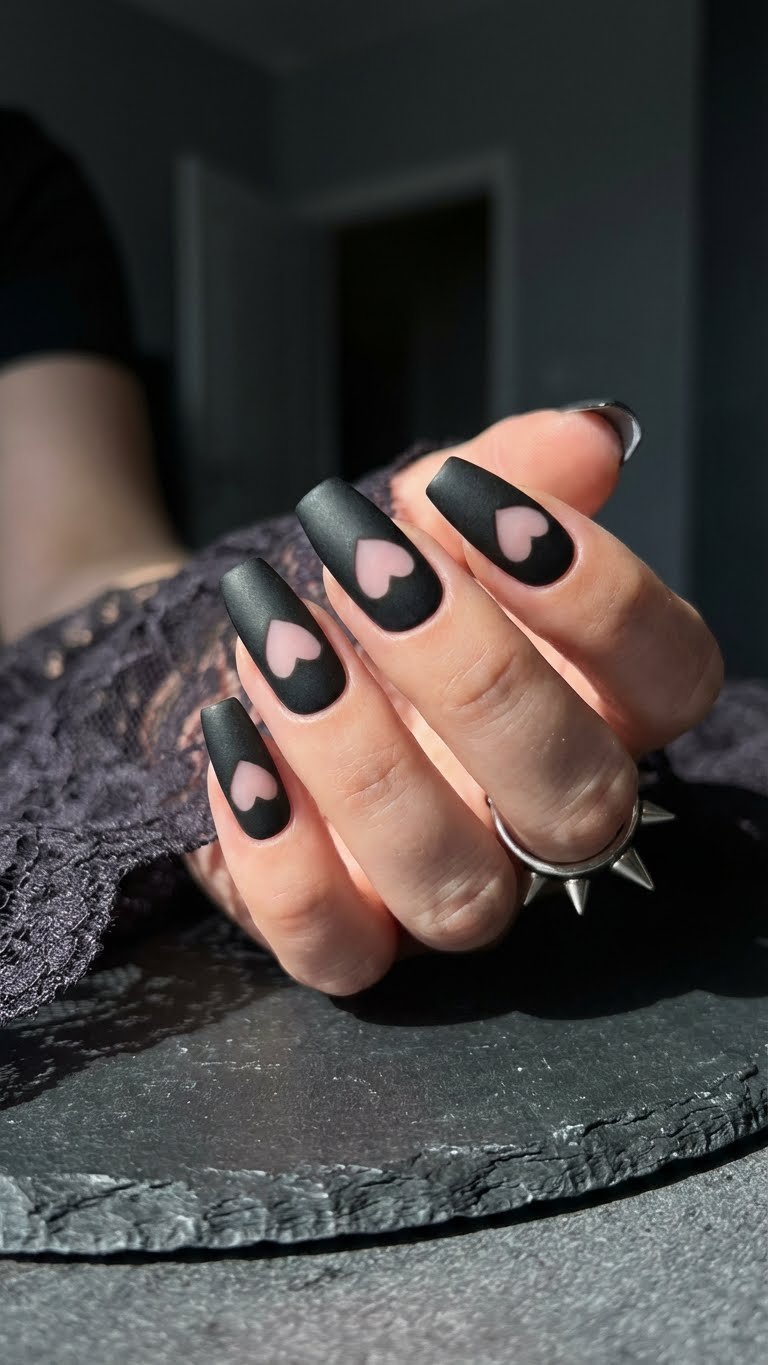 Macro of medium coffin matte black nails with negative space heart design on slate surface, silver spike jewelry, edgy nail art.