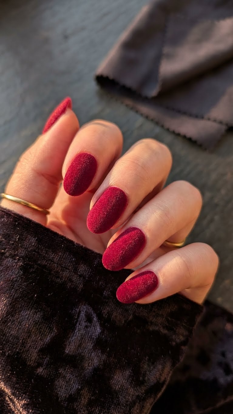 Macro of oval deep red velvet matte nails with a gold ring on dark velvet fabric and microfiber cloth, luxurious textured manicure.